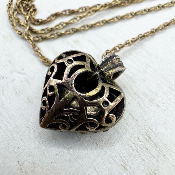 Vintage Gold Filled Pave Aurora Borealis Rhinestone Puffy Heart Pendant Necklace - Picture 8 of 12